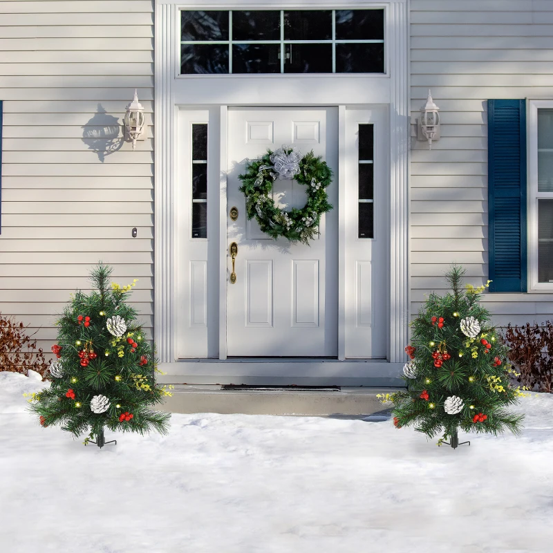 HOMCOM 24in Christmas Tree 2-Pack Outdoor Pre-Lit Artificial Pine Cordless with 24 Warm White Lights and Stakes