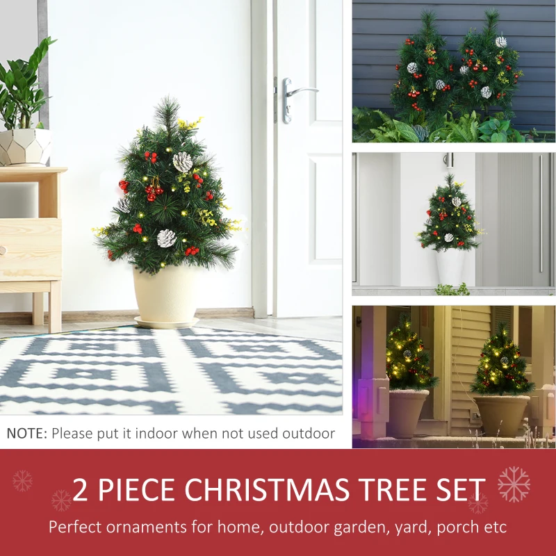 HOMCOM 24in Christmas Tree 2-Pack Outdoor Pre-Lit Artificial Pine Cordless with 24 Warm White Lights and Stakes
