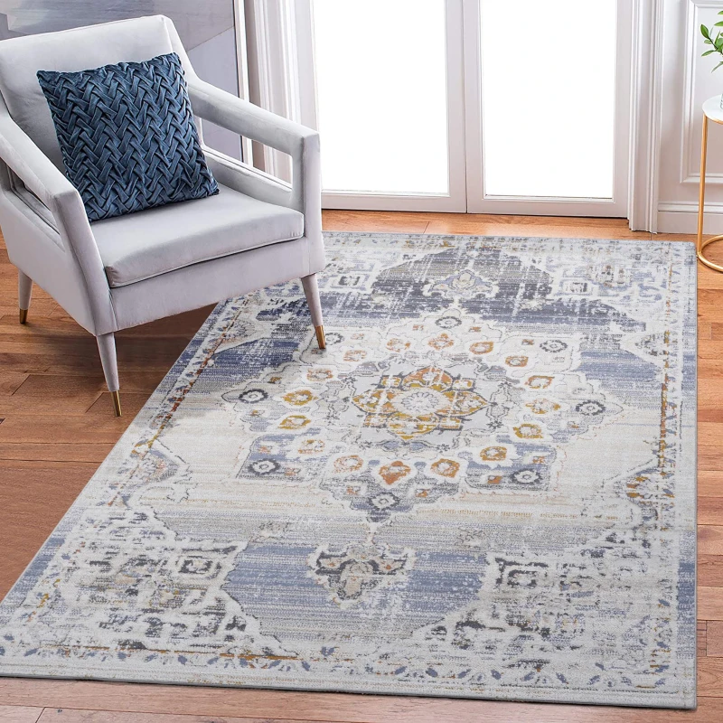 6x9 Stain-Resistant Area Rug with Cotton Backing, Medium Pile Height, Kid and Pet-Friendly Carpet, 93" L x 79" W x 0.3" H, Cream