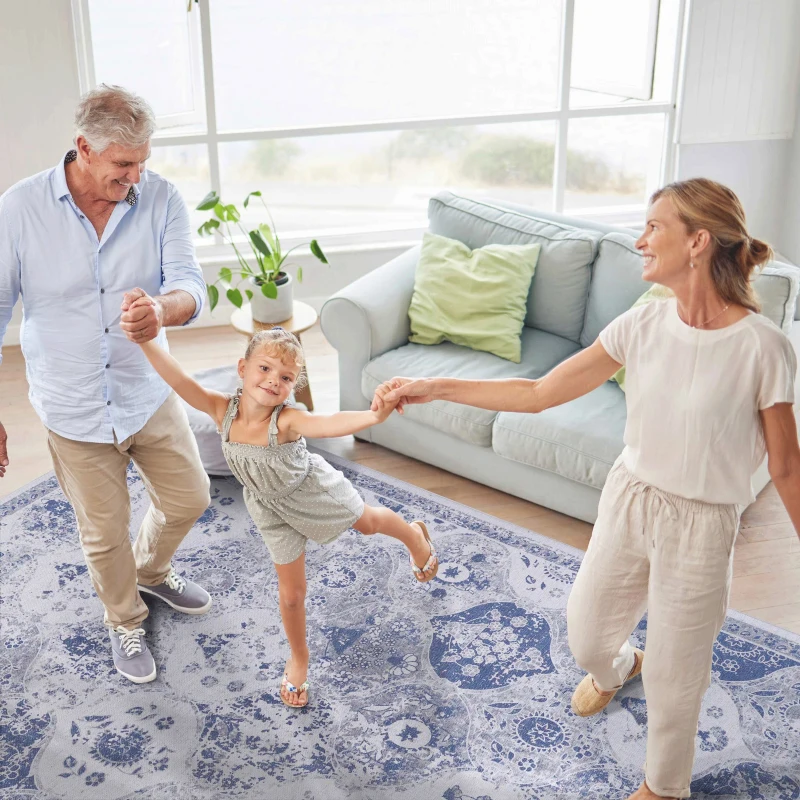 9x12 Kid and Pet Friendly Low-Pile Washable Area Rug, Non-Slip, Non-Shedding, Foldable for Living Room, Bedroom, Dining Room, Blue