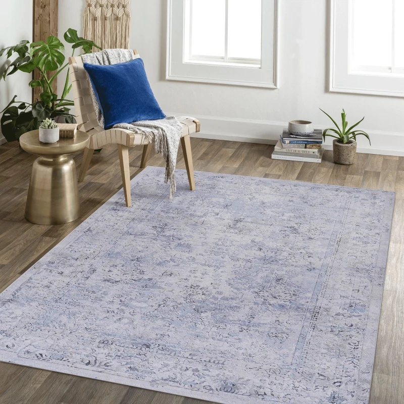 6x9 Low-Pile Non-Slip Non-Shedding Washable Area Rug, Kid and Pet Friendly, Foldable for Living Room, Bedroom, Dining Room, Blue+Cream
