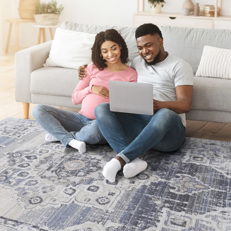 8x10 Stain-Resistant Area Rug with Cotton Backing, Medium Pile Height, Kid and Pet-Friendly Carpet, 120" L x 93" W x 0.3" H, Cream+Blue