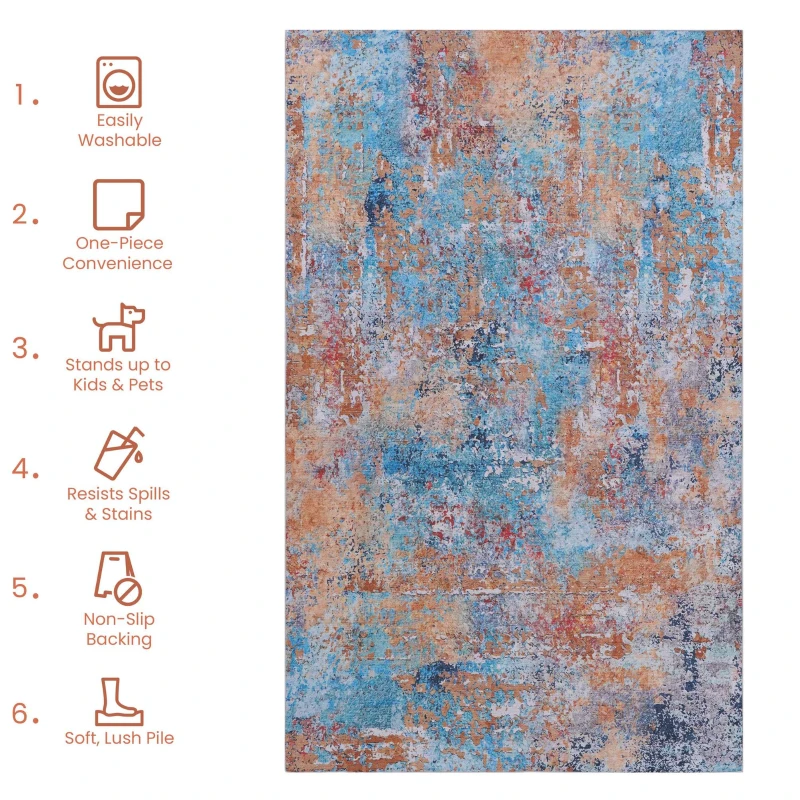 9x12 Machine Washable Non-Shedding Area Rug with Low-Pile, Carpet for Living Room, Dining Room, 108" L x 144" W x 0.15" H, Multicolor