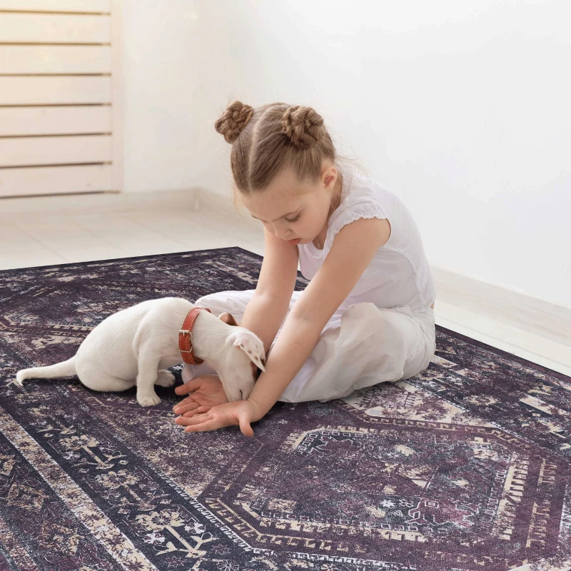 5x8 Washable Kid and Pet Friendly Area Rug, Low-Pile Non-Slip Non-Shedding Rug Blanket, for Living Room, Bedroom, Dining Room, Black+Burgundy