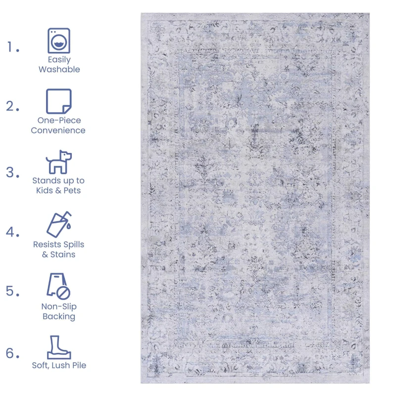 6x9 Low-Pile Non-Slip Non-Shedding Washable Area Rug, Kid and Pet Friendly, Foldable for Living Room, Bedroom, Dining Room, Blue+Cream