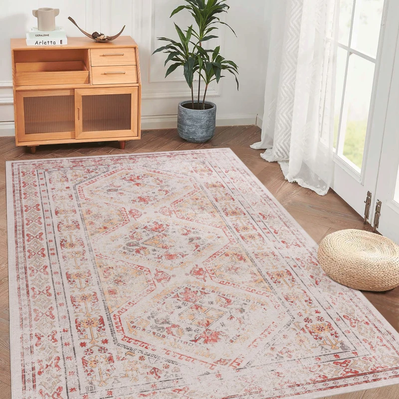 5x8 Non-Slip Machine Washable Area Rug with Low-Pile, Non-Shedding Kid and Pet Friendly Carpet, 60" L x 96" W x 0.15" H, Beige
