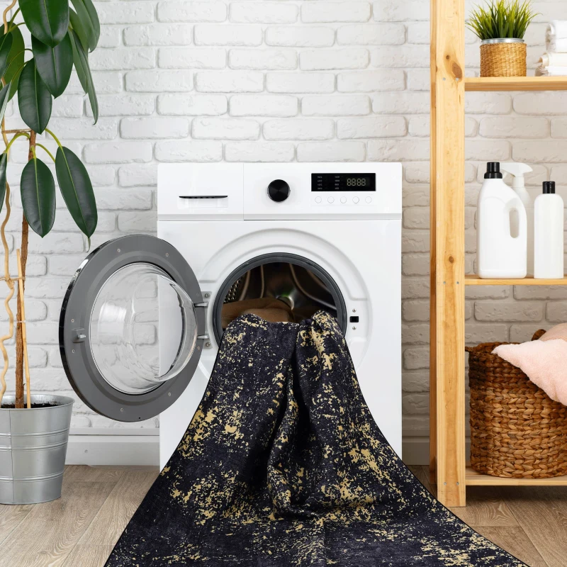 6x9 Non-Slip Machine Washable Area Rug with Low-Pile, Non-Shedding Kid and Pet Friendly Carpet, 72" L x 108" W x 0.15" H, Black+Gold