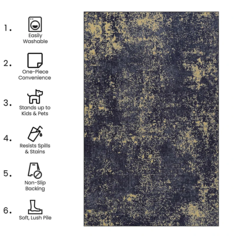 2x3 Non-Slip Machine Washable Doormat with Low-Pile, Non-Shedding Kid and Pet Friendly Carpet, 24" L x 36" W x 0.15" H, Black+Gold