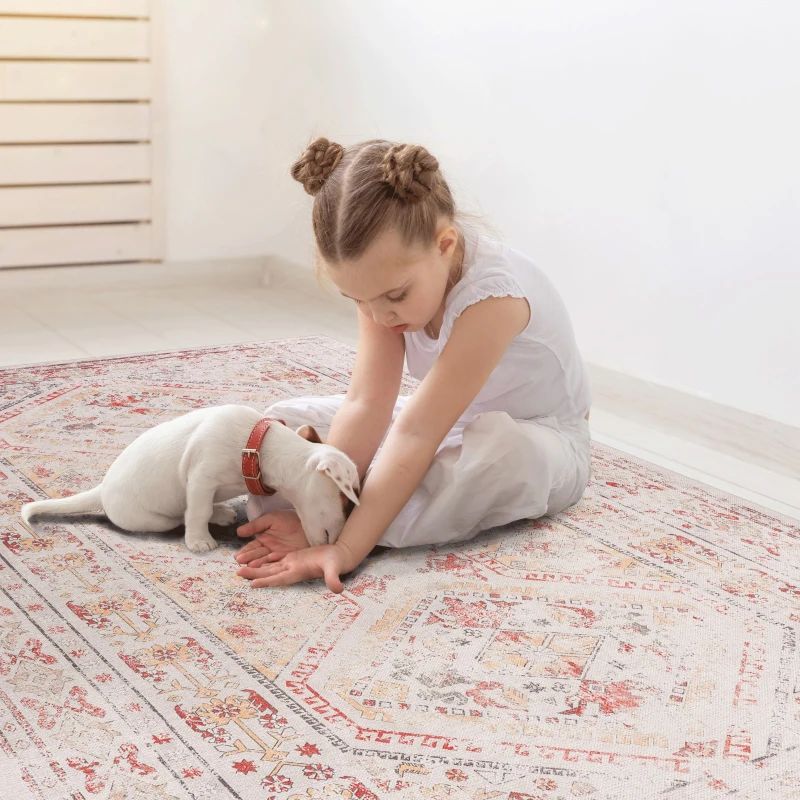 6x9 Washable Low-Pile Kid and Pet Friendly Area Rug, Non-Slip, Non-Shedding, Foldable Area Carpet for Living Room, Dining Room, Beige
