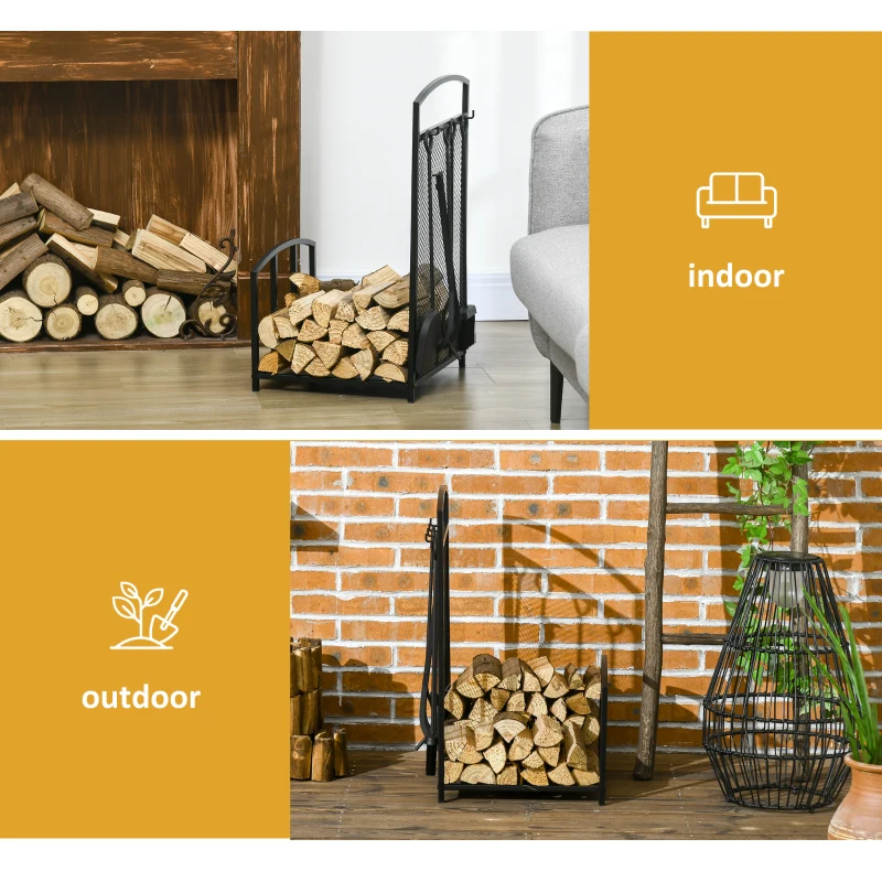 HOMCOM Firewood Rack Outdoor Indoor with 4-Piece Fireplace Tools, Firewood Holder Includes Poker, Tongs, Broom, Shovel, Wood Storage Log Holder for Fireplace, Wood Stove, Hearth or Fire Pit, Black
