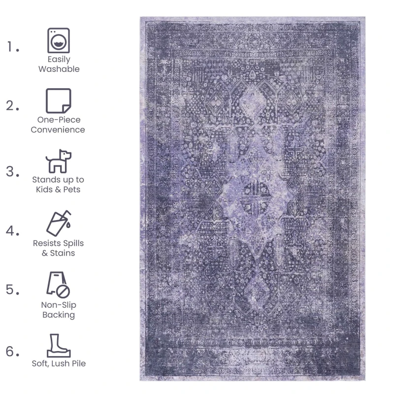 9x12 Washable Low-Pile Non-Slip Non-Shedding Area Rug, Kid and Pet Friendly, Foldable Carpet for Living Room, Bedroom, Anthracite
