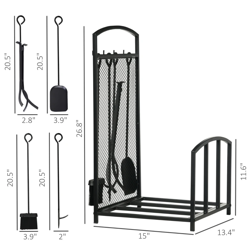 HOMCOM Firewood Rack Outdoor Indoor with 4-Piece Fireplace Tools, Firewood Holder Includes Poker, Tongs, Broom, Shovel, Wood Storage Log Holder for Fireplace, Wood Stove, Hearth or Fire Pit, Black