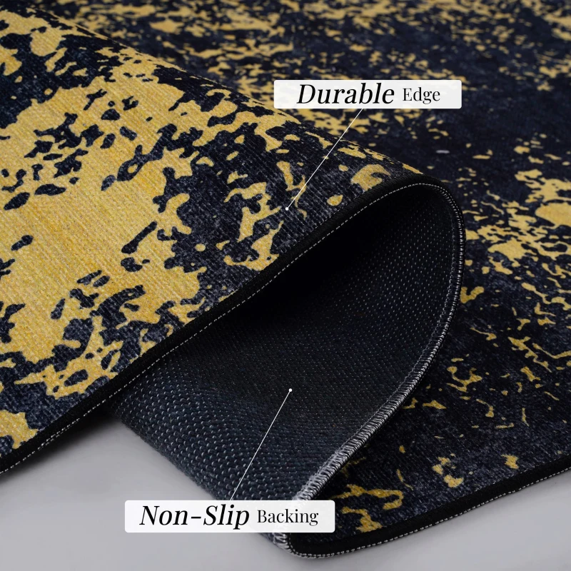 6x9 Non-Slip Machine Washable Area Rug with Low-Pile, Non-Shedding Kid and Pet Friendly Carpet, 72" L x 108" W x 0.15" H, Black+Gold