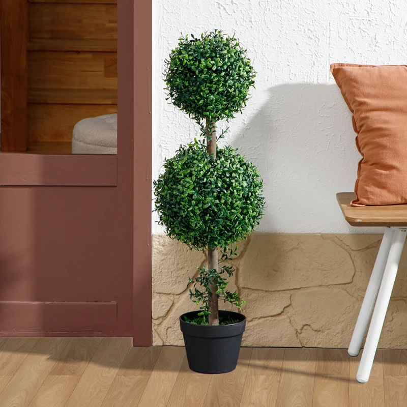HOMCOM Set of 2 Artificial Ball Boxwood Topiary Trees, Fake Plants in Pot for Indoor Outdoor Living Room Green