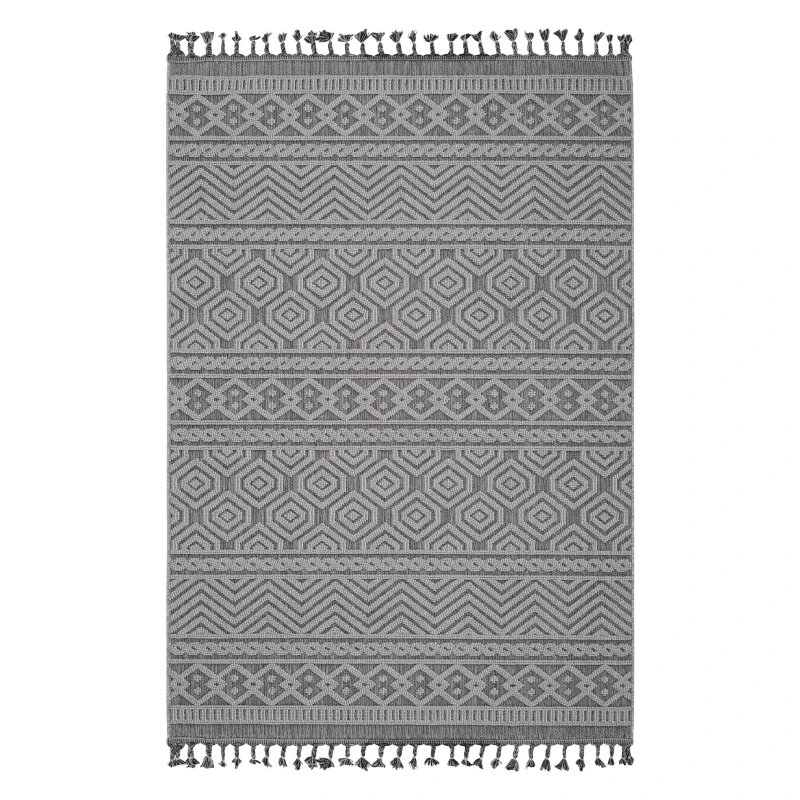 5x7 Stain Resistant Geometric Indoor Outdoor Area Rug, Kid and Pet-Friendly Non-Shedding Carpet, 90" L x 63" W x 0.3" H, Gray+White