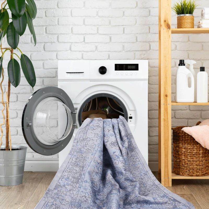 6x9 Low-Pile Non-Slip Non-Shedding Washable Area Rug, Kid and Pet Friendly, Foldable for Living Room, Bedroom, Dining Room, Blue+Cream