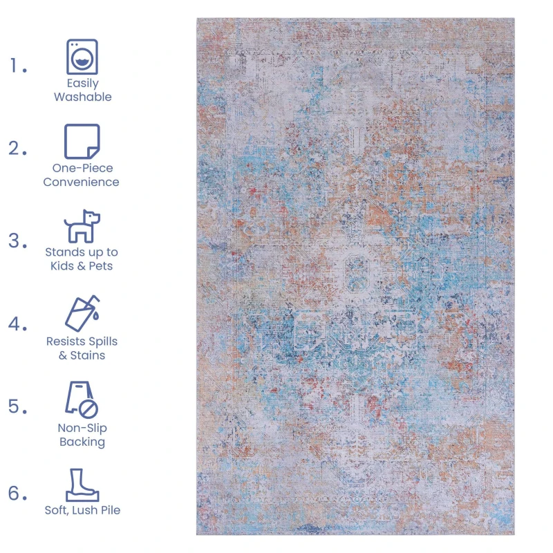 4x6 Low-Pile Non-Slip Non-Shedding Washable Area Rug, Kid and Pet Friendly, Foldable for Living Room, Bedroom, Kitchen, Dining Room, Multicolor