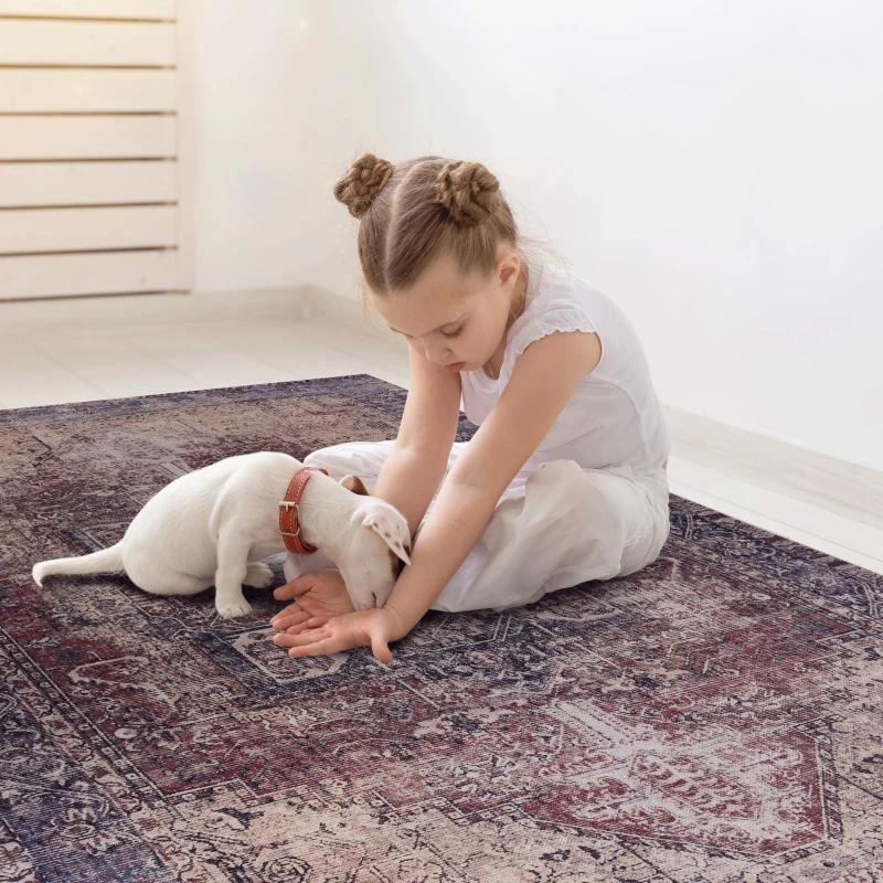 5x8 Washable Kid and Pet Friendly Area Rug, Low-Pile Non-Slip Non-Shedding Rug Blanket, for Living Room, Bedroom, Kitchen, Burgundy