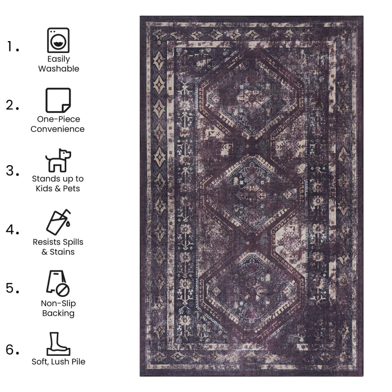 6x9 Low-Pile Non-Slip Non-Shedding Washable Area Rug, Foldable Kid and Pet Friendly, Ideal for Living Room, Bedroom, Kitchen, Black+Burgundy