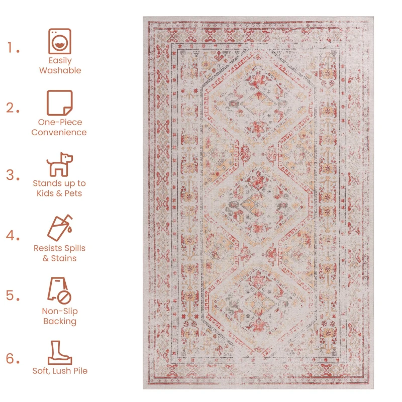 4x6 Non-Slip Machine Washable Area Rug with Low-Pile, Non-Shedding Kid and Pet Friendly Carpet, 48" L x 72" W x 0.15" H, Beige