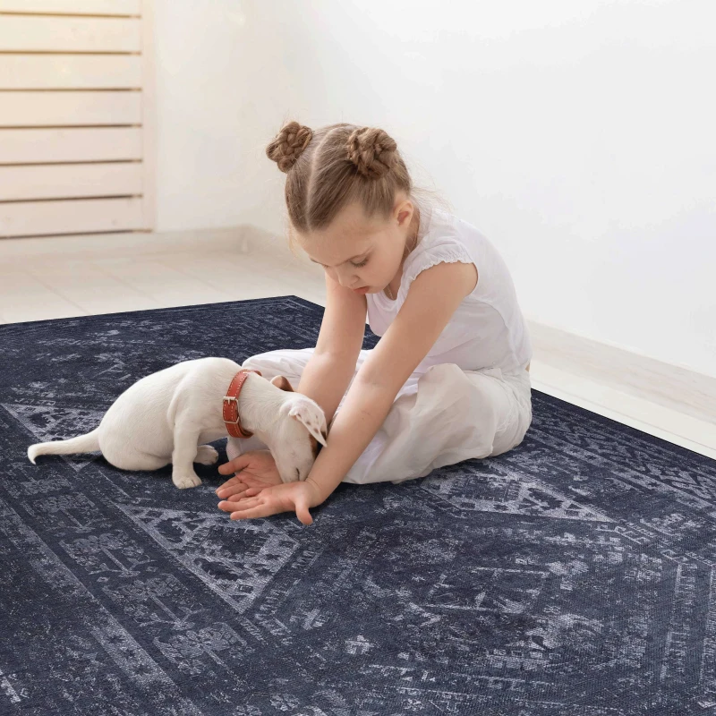 9x12 Washable Kid and Pet Friendly Area Rug, Low-Pile Non-Slip Non-Shedding Rug Blanket, for Living Room, Bedroom, Dining Room, Black+Gray