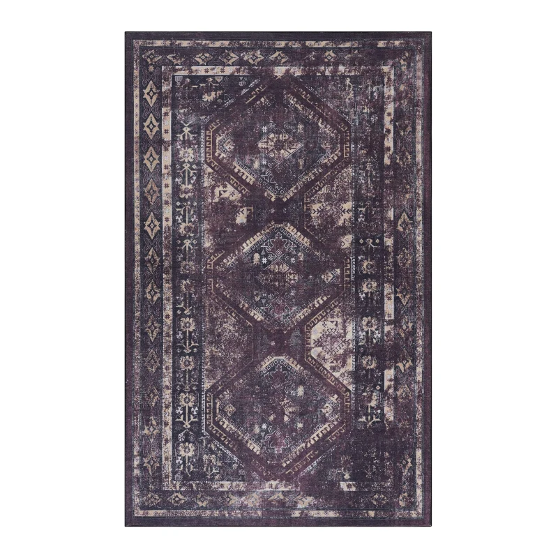 8x10 Kid and Pet Friendly Low-Pile Washable Area Rug, Non-Slip, Non-Shedding, Foldable for Living Room, Bedroom, Kitchen, Black+Burgundy