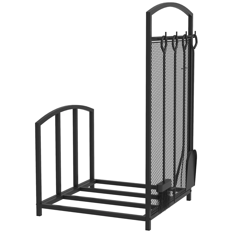 HOMCOM Firewood Rack Outdoor Indoor with 4-Piece Fireplace Tools, Firewood Holder Includes Poker, Tongs, Broom, Shovel, Wood Storage Log Holder for Fireplace, Wood Stove, Hearth or Fire Pit, Black