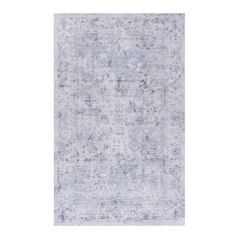 6x9 Low-Pile Non-Slip Non-Shedding Washable Area Rug, Kid and Pet Friendly, Foldable for Living Room, Bedroom, Dining Room, Blue+Cream