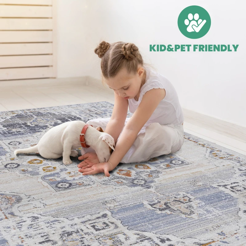 5x7 Stain-Resistant Area Rug with Cotton Backing, Medium Pile Height, Kid and Pet-Friendly Carpet, 90" L x 63" W x 0.3" H, Cream