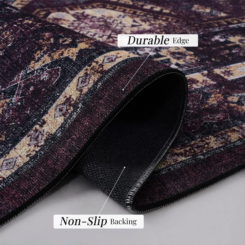 3x5 Washable Low-Pile Non-Slip Non-Shedding Area Rug, Kid and Pet Friendly, Foldable for Living Room, Bedroom, Dining Room, Black+Burgundy