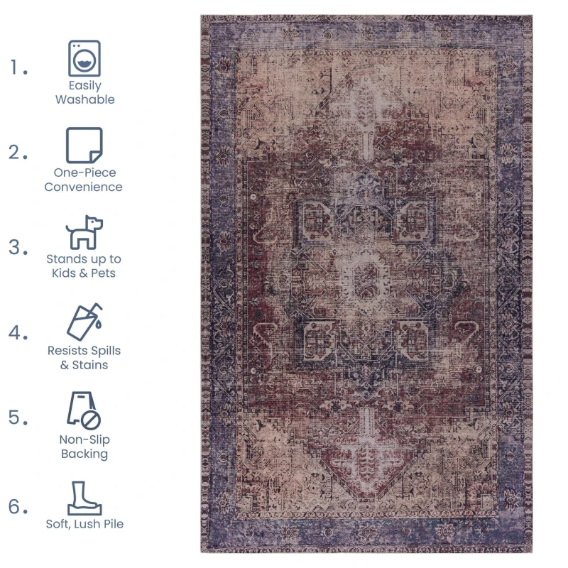 9x12 Washable Kid and Pet Friendly Area Rug, Low-Pile Non-Slip Non-Shedding Rug Blanket, for Living Room, Bedroom, Dining Room, Burgundy