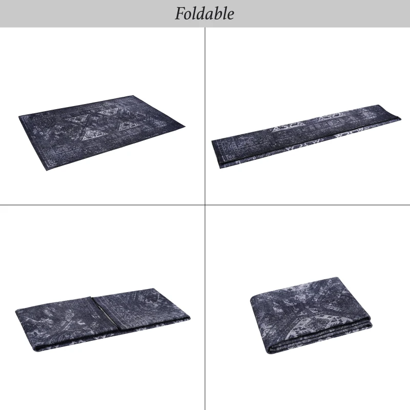 2x10 Low-Pile Non-Slip Non-Shedding Washable Area Rug, Kid and Pet Friendly, Foldable for Living Room, Bedroom, Dining Room, Black+Gray