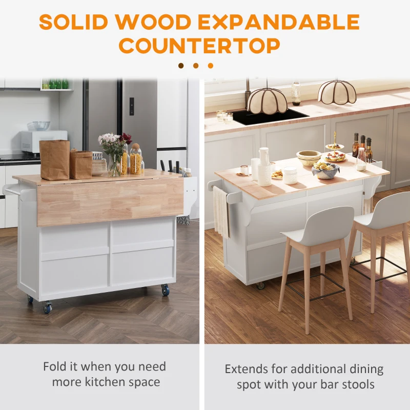 HOMCOM Rolling Kitchen Island Cart with Drop Leaf, Kitchen Cart on Wheels with Rubber Wood Top, 2 Drawers and 2 Storage Cabinets, Island Table for Kitchen, Dining Room, White(m-5)