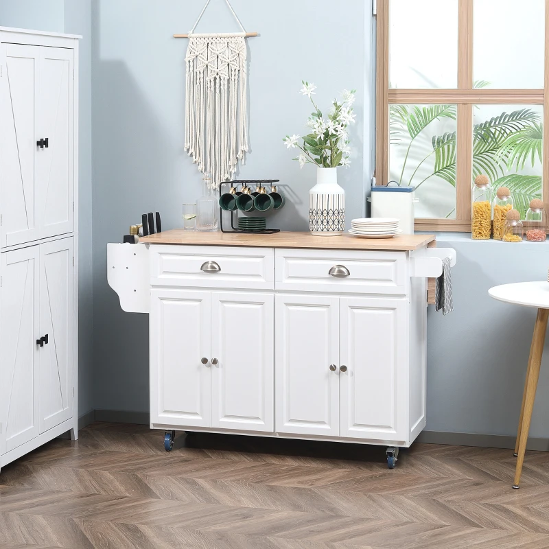 HOMCOM Rolling Kitchen Island Cart with Drop Leaf, Kitchen Cart on Wheels with Rubber Wood Top, 2 Drawers and 2 Storage Cabinets, Island Table for Kitchen, Dining Room, White(m-10)
