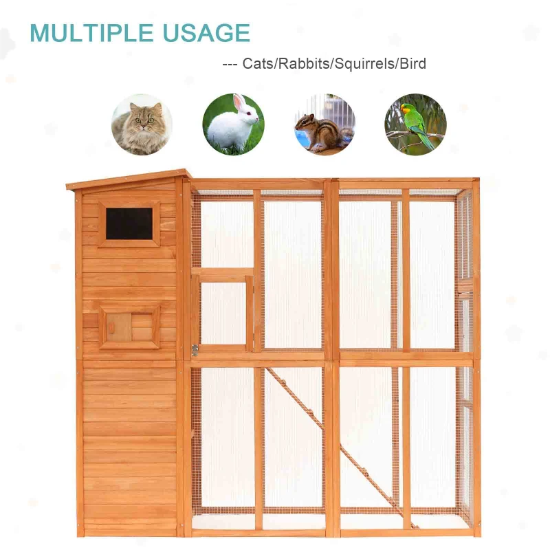 PawHut Outdoor Catio, Cat House Wooden Feral Cat Shelter, Cat Cage with Platforms, Waterproof Asphalt Roof, Ramps, 77" L, Natural