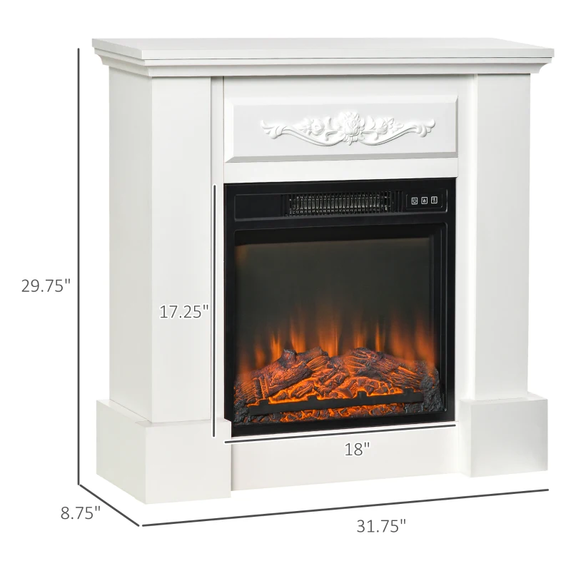 HOMCOM 32" Electric Fireplace with Mantel, Freestanding Heater with LED Log Flame, Overheat Protection and Remote Control, 1400W, White