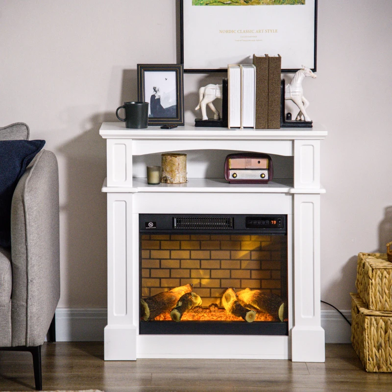 HOMCOM 32" Electric Fireplace with Mantel, Freestanding Heater with LED Log Flame, Shelf and Remote Control, 1400W, White