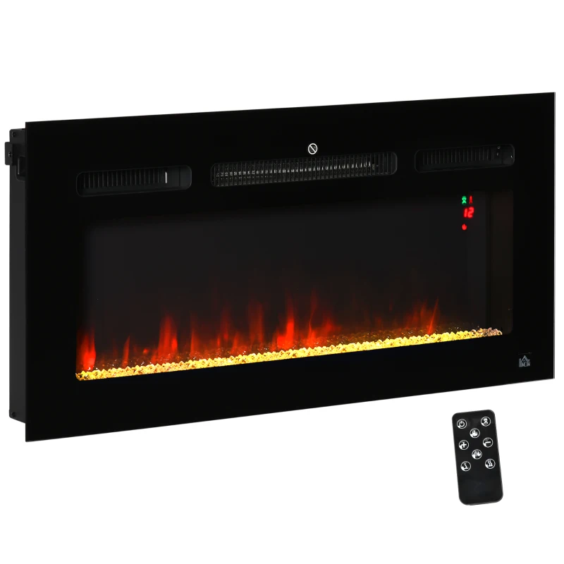 HOMCOM 36" 1500W Recessed and Wall Mounted Electric Fireplace Inserts with Remote, Adjustable Flame Color and Brightness, Cryolite-Effect Rocks, Black