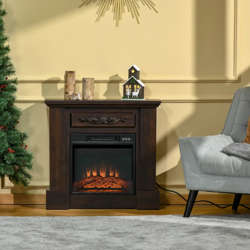 HOMCOM 32" Electric Fireplace with Mantel, Freestanding Heater with LED Log Flame, Overheat Protection and Remote Control, 1400W, Brown