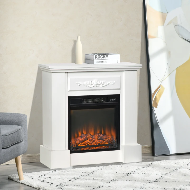 HOMCOM 32" Electric Fireplace with Mantel, Freestanding Heater with LED Log Flame, Overheat Protection and Remote Control, 1400W, White
