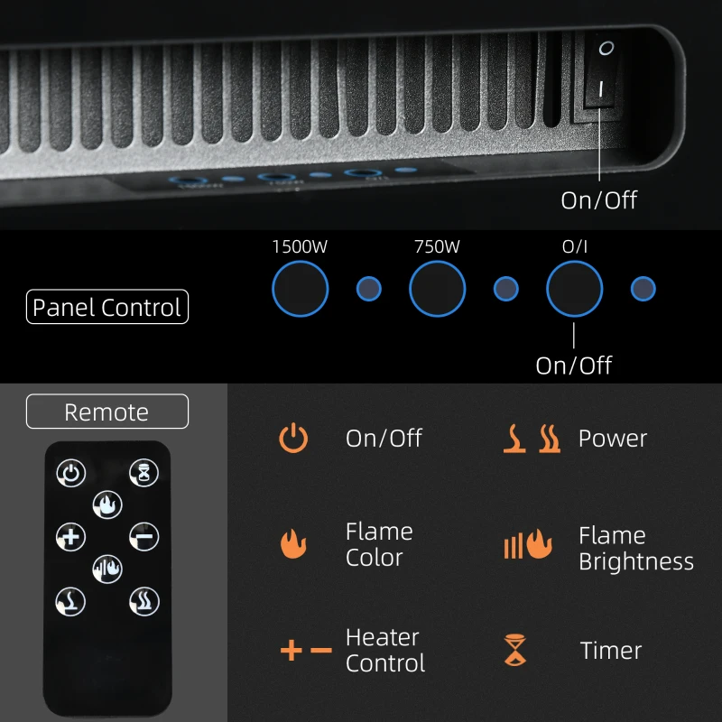 HOMCOM 36" 1500W Recessed and Wall Mounted Electric Fireplace Inserts with Remote, Adjustable Flame Color and Brightness, Cryolite-Effect Rocks, Black