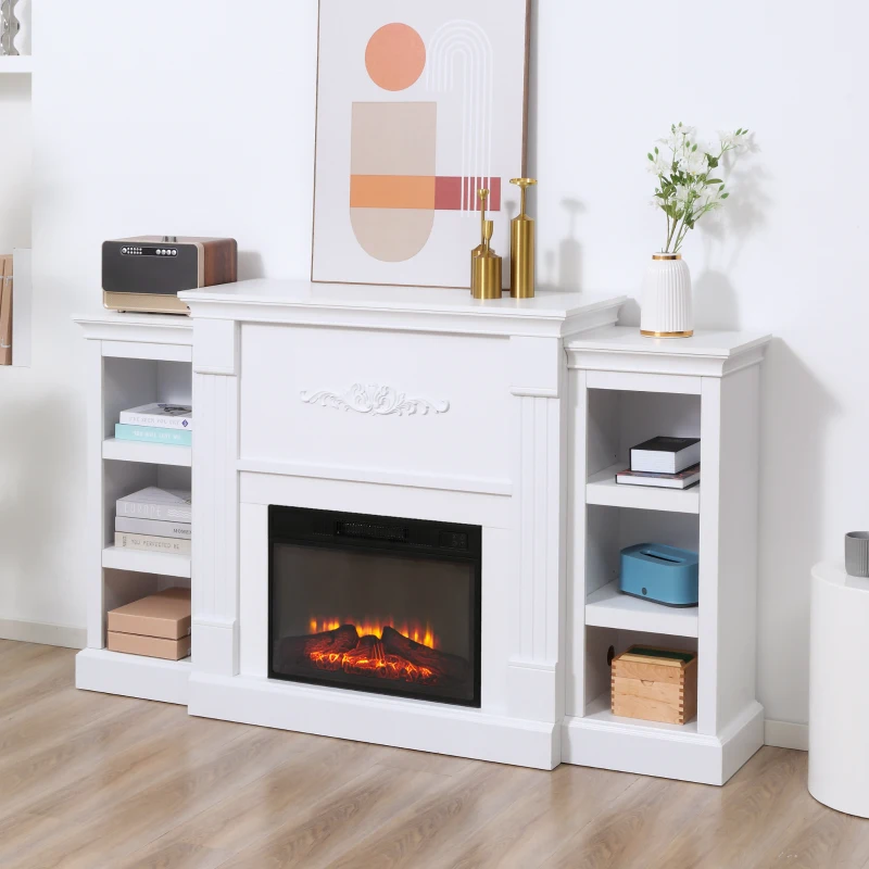 HOMCOM Electric Fireplace Mantel TV Stand for TV's up to 46", Living Room Media Entertainment Console with Adjustable Storage Shelves, White