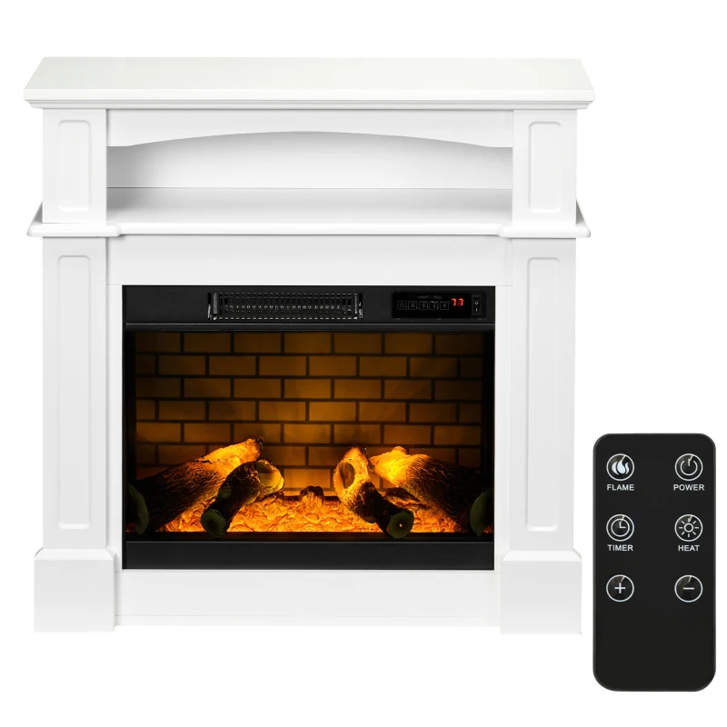 HOMCOM 32" Electric Fireplace with Mantel, Freestanding Heater with LED Log Flame, Shelf and Remote Control, 1400W, White