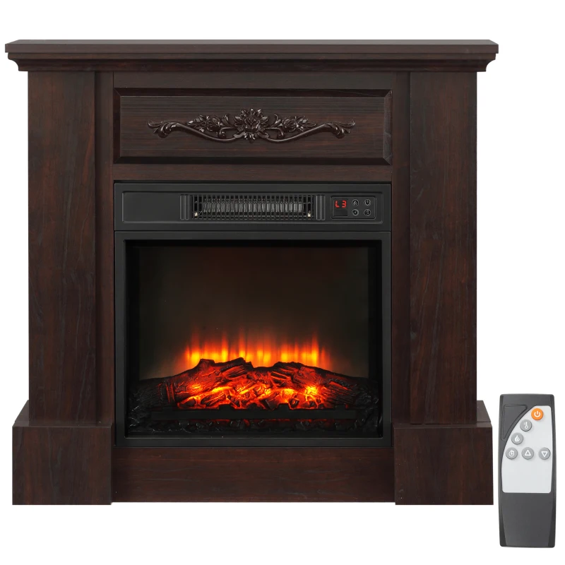 HOMCOM Electric Fireplace with Mantel, Freestanding Heater Corner Firebox with Log Hearth and Remote Control, 1400W, Brown