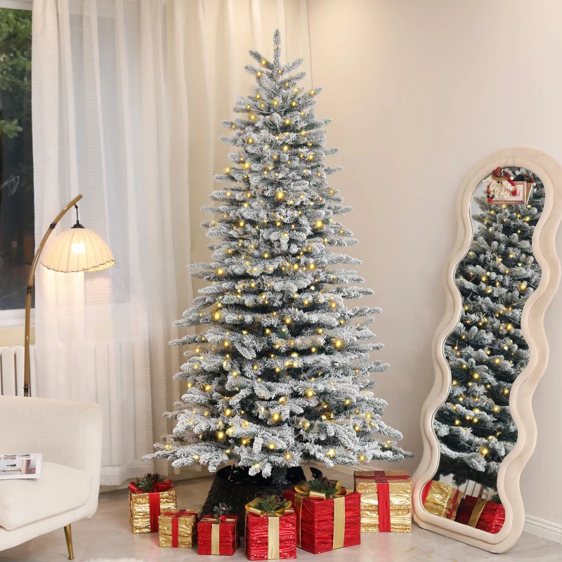 HOMCOM 6.5ft Snow Flocked Artificial Christmas Tree, Pre-Lit Christmas Tree with 400 LED Lights and 990 Branch Tips, Green