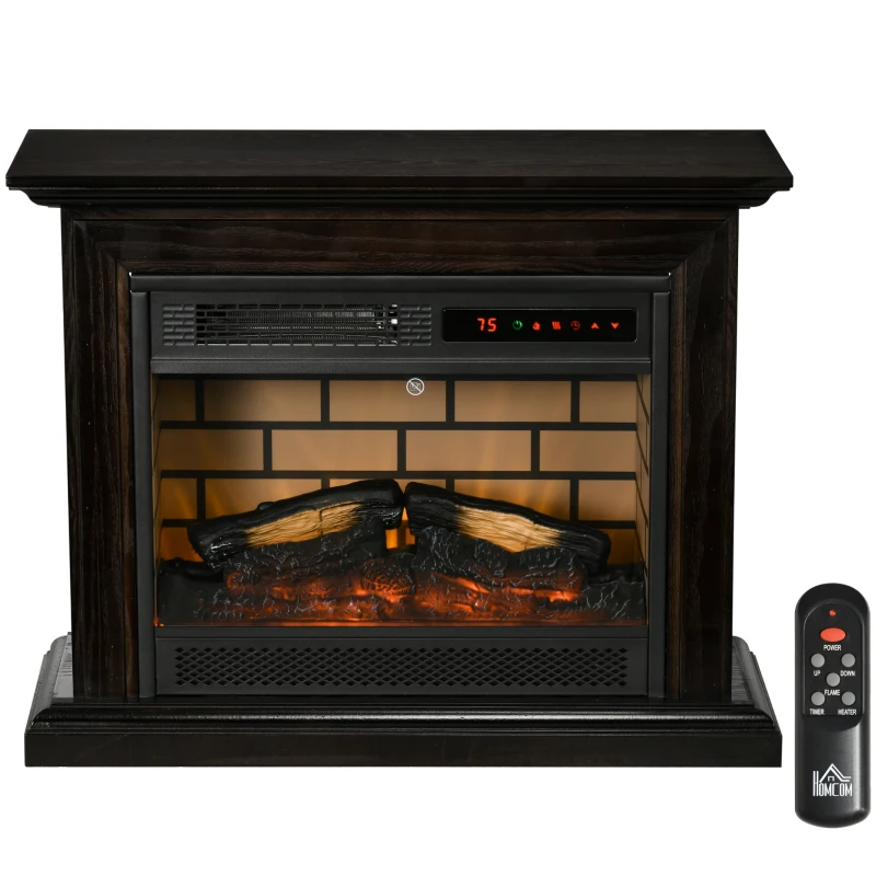HOMCOM 31" Electric Fireplace with Dimmable Flame Effect and Mantel, Freestanding Space Heater with Log Hearth and Remote Control, 1400W, Brown