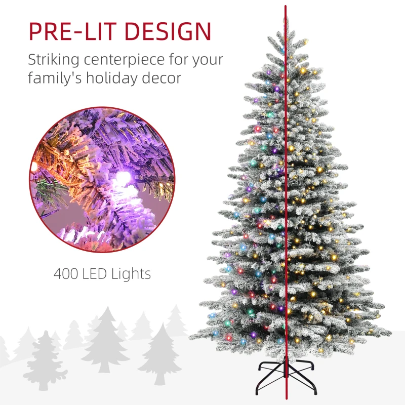 HOMCOM 6.5ft Snow Flocked Artificial Christmas Tree, Pre-Lit Christmas Tree with 400 LED Lights and 990 Branch Tips, Green