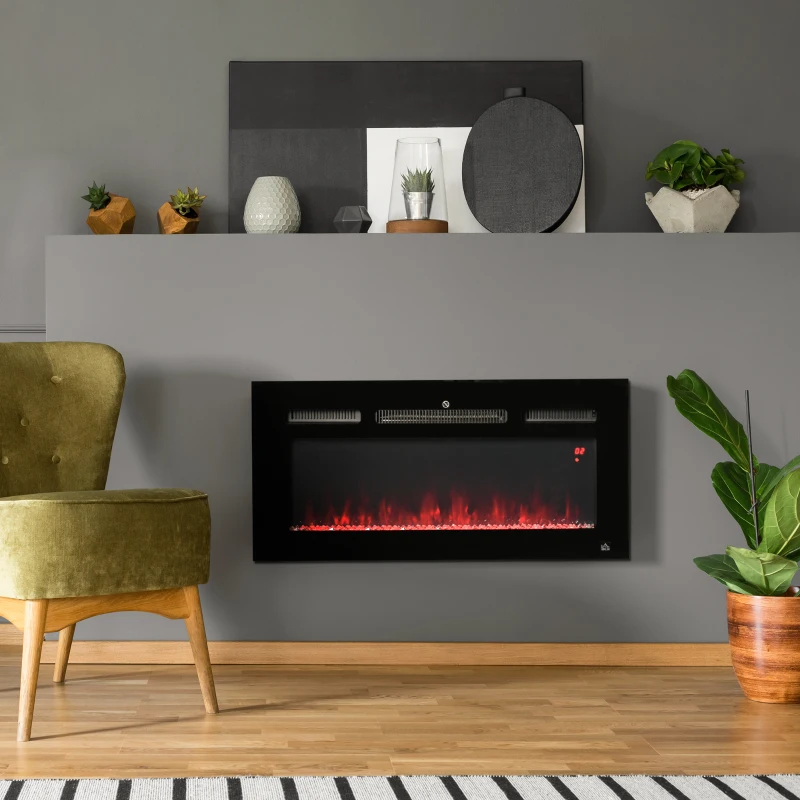 HOMCOM 36" 1500W Recessed and Wall Mounted Electric Fireplace Inserts with Remote, Adjustable Flame Color and Brightness, Cryolite-Effect Rocks, Black