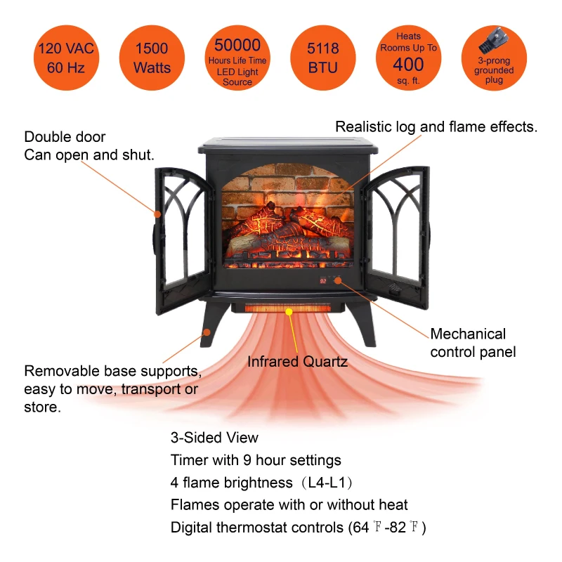 24" Free-Standing Design Electric Infrared Quartz Fireplace Stove with 11 Temperature Settings, 3D Flames, and Remote Control, Antique Black