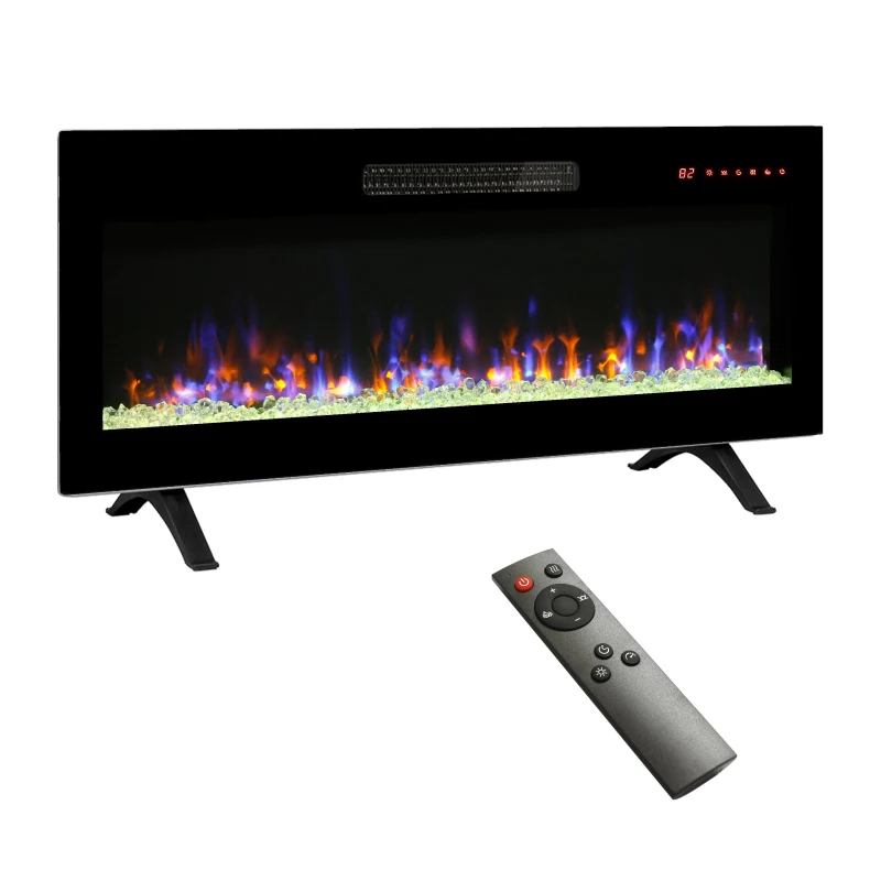 42" Remote Wall Mounted Electric Fireplace with Ultra Thin Tempered Glass Front, Multi-Color Flame, and LED Light Heater, Antique Black